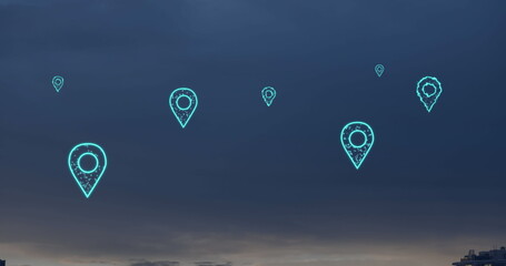 Poster - Image of digital location icons flying over landscape