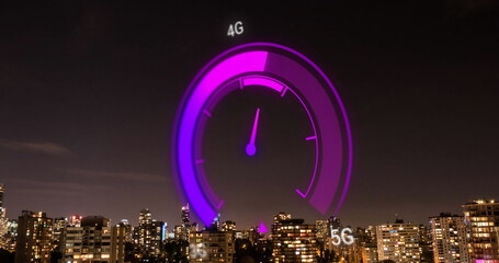 Poster - Image of purple speedometer over cityscape