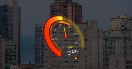 Poster - Image of orange speedometer over cityscape