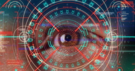 Poster - Image of neon shapes over eye of caucasian man