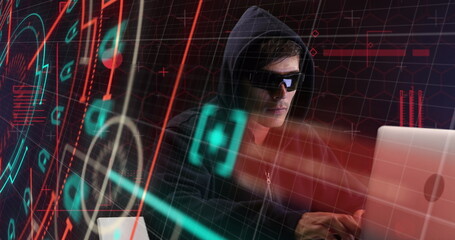Poster - Image of neon shapes over caucasian male hacker in glasses