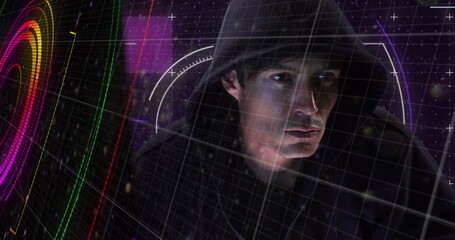 Poster - Image of neon shapes over caucasian male hacker