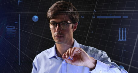 Sticker - Image of neon shapes over caucasian man using touchscreen