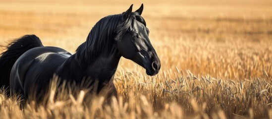 Sticker - Warmblood horse, black in color, stands before a grain field in summer.