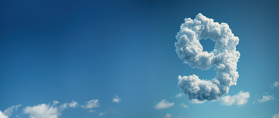 representing the concept of Cloud 9, symbolizing happiness, elation. blue sky with puffy cloud in the shape of the number 9 with room for copy