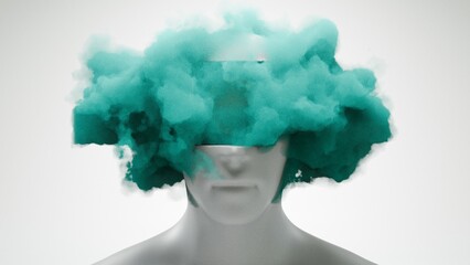 Poster - Abstract head with a hole, featuring clouds, symbolizing a blend of the human mind and ethereal elements...