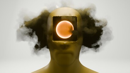 Poster - Abstract head with a hole, featuring clouds, symbolizing a blend of the human mind and ethereal elements...