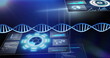 Image of dna strand spinning over data processing on blue background