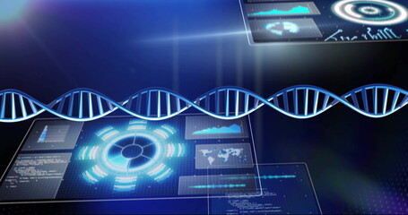 Poster - Image of dna strand spinning over data processing on blue background