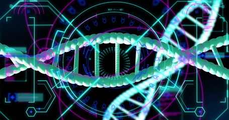 Poster - Image of dna strands spinning with data processing over black background