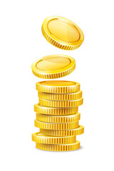 Wall Mural - Set of Gold coins. Cash change money falling down and stacking in a pile for savings. Coins isolated on white transparent background. Vector illustration.