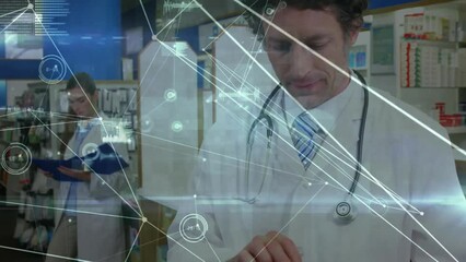 Poster - Animation of network of connections with data processing over caucasian male doctor in hospital
