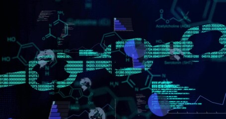 Poster - Animation of chain and chemical formula over data processing and binary coding on black background