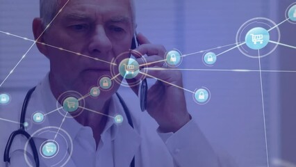 Poster - Animation of network of connections over caucasian male doctor talking on smartphone