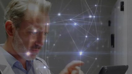 Poster - Animation of network of connections over caucasian male doctor using tablet