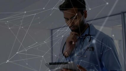 Poster - Animation of network of connections over biracial male doctor using tablet