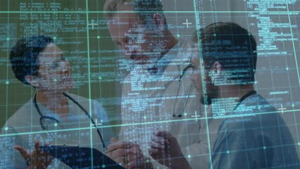 Poster - Animation of data processing over caucasian doctors talking and using tablet