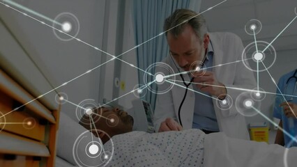 Poster - Animation of network of connections over caucasian doctors examining patient