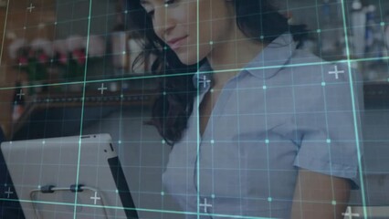 Poster - Animation of network of connections over caucasian woman using tablet