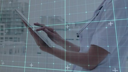 Poster - Animation of network of connections over caucasian female doctor using tablet