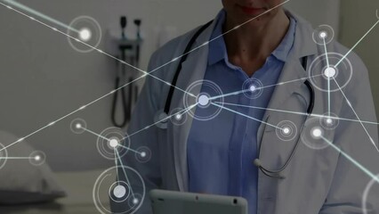 Poster - Animation of network of connections over caucasian female doctor using tablet