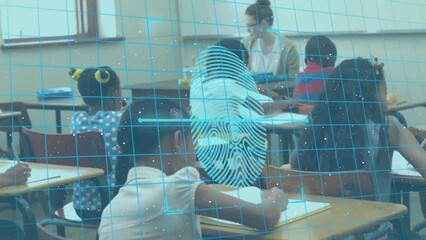 Poster - Animation of shapes and fingerprint over diverse schoolchildren learning with teacher in classroom