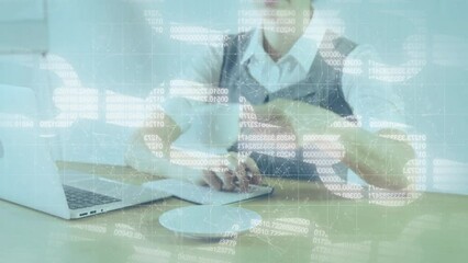 Poster - Animation of shapes and chain over caucasian businesswoman using laptop