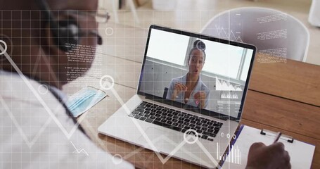 Poster - Animation of financial data processing over african american businessman using laptop for video call