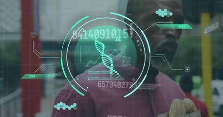 Poster - Animation of dna and scanner with processing data over african american man eating in street