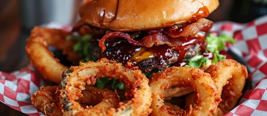 Wall Mural - BBQ sauce topped onion rings and a bacon burger in western fashion.