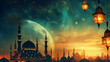 Ramadan crescent moon over mosque skyline with glowing lanterns