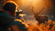 © henjon - Hunter aiming his rifle at a majestic deer in a golden-lit forest during sunset, a moment of wilderness encounter.