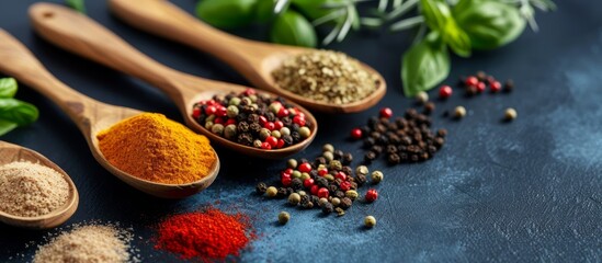 Wall Mural - Various spices and ingredients on wooden spoons displayed on a cooking table.