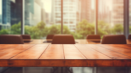 Empty wooden table with blur background of office and meeting room.