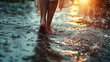 A woman's bare feet stepping through reflective rain puddles on a romantic, poetic monsoon day.