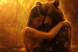 Naked woman tenderly hugging a brown bear in the rain.