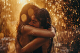 Two naked women embracing under the rain.