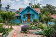 Eagle view of a craftsman house in a bright periwinkle blue, with a backyard boasting a Greek mythology theme and a small amphitheater.