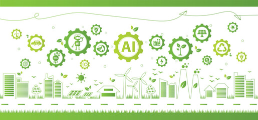The Concept of AI, Artificial Intelligence and Green Technology For Sustainability Development. Ecology Icons, Environment Vector, Eco Friendly and Green Economy. Flat Doodle Template Design.