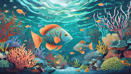 Wall Mural - coral reef with fishes, painting art design