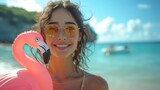 Fototapeta Do akwarium - Happy young woman with inflatable flamingo at the beach in summer. Generative Ai.