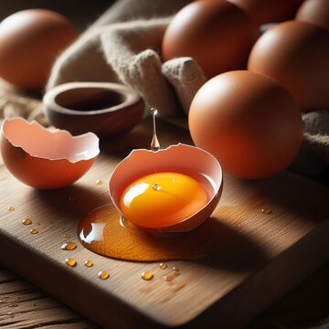 brown eggs on a wooden chopping board there is a yolk in the egg shell. the brown egg has a drop of 