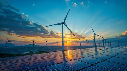 Solar Panels and wind turbine at sunset - Energy Concept