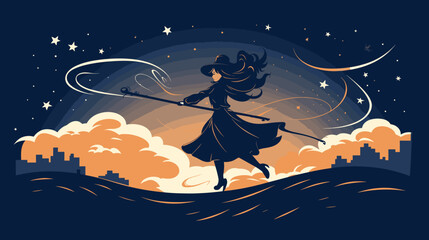 Wall Mural - vector illustration of a witch flying on a broomstick against a starry night sky embodying the encha
