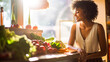 Portrait of a woman with eyes closed, expressing gratitude, standing beside a counter filled with a variety of fresh, locally sourced produce, in a sunlit kitchen
