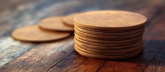 Wall Mural - Circular wooden coaster template with stack of brown mockups on wood-textured surface.