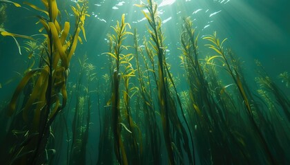 A kelp forest with tall stalks reaching the water surface