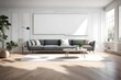 © Tae-Wan - Embark on a visual journey through a minimalist living room, featuring a 3D rendering, Scandinavian style, and an empty wall with a white blank frame as a focal point.