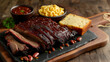 BBQ Brisket, Mouthwatering BBQ brisket smoked low and slow, served with baked beans, macaroni and cheese, and a slice of cornbread