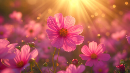 Wall Mural - Field with beautiful magenta cosmos flowers and golden rays of the setting sun.